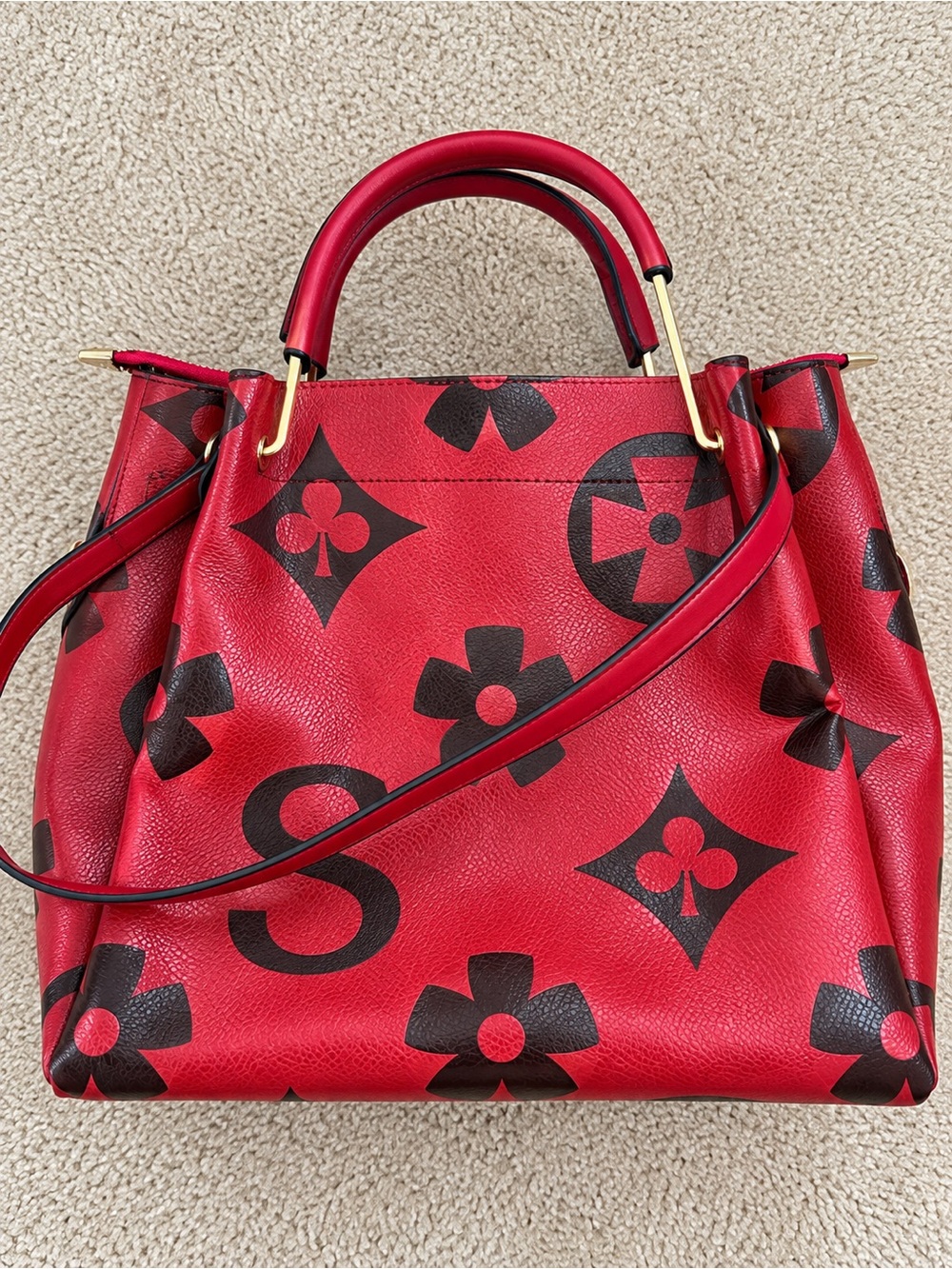 Red Leather Top-Handle Tote with Bold Monogram Print